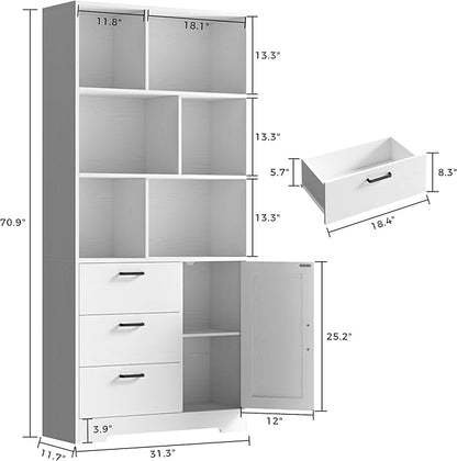 IRONCK Bookshelf, 70.9 Inch Tall Bookcase, White Book Shelf with Doors and 3 Drawers, 3-Tier Bookshelves with 6 Open Cubes for Home Office, Living Room, Study