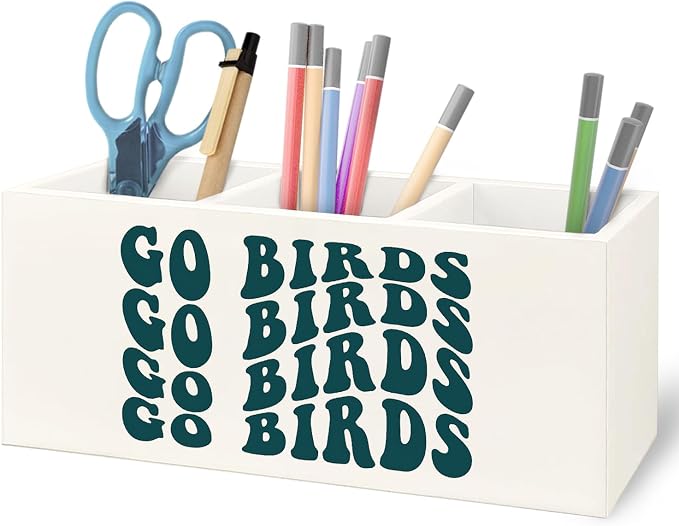 Football Fan Gifts Wooden Pen Pencil Holder for Office Desk Accessories, Gifts for Football Lovers Players, Go Birds Makeup Brush Toothbrush Holder Organizer