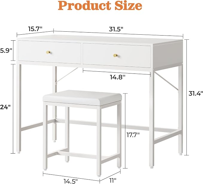 SUPERJARE 31.5" White Desk with 2 Drawers, Modern Makeup Vanity with Padded Stool, Small Computer Desk Home Office Desk for Writing Study Bedroom
