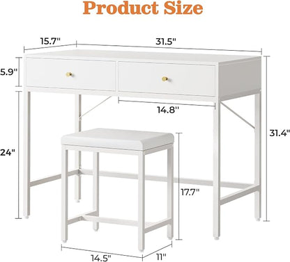 SUPERJARE 31.5" White Desk with 2 Drawers, Modern Makeup Vanity with Padded Stool, Small Computer Desk Home Office Desk for Writing Study Bedroom