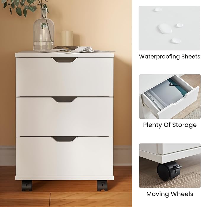 Farini Wood File Cabinet for Home Office,Under Desk 3 Drawer Mobile File Cabinet(White,Fully-Assembled)