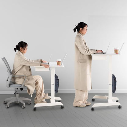 AVLT 44" Height Adjustable Foot Pedal Rolling Desk with Shelf White | 3 ft 8 inches - Pneumatic Laptop Standing Desk Cart - Mobile Laptop Cart Computer Projector Cart with Brake Casters