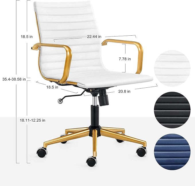 Office Chair with Arms, White and Gold Faux Leather Desk Chair, Adjustable Swivel Task Seating for Women, Vanity Room and Home Office