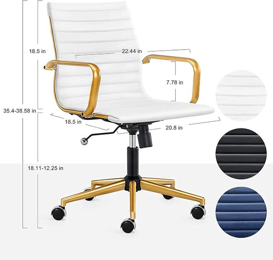 Office Chair with Arms, White and Gold Faux Leather Desk Chair, Adjustable Swivel Task Seating for Women, Vanity Room and Home Office