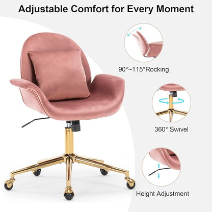 Pink Velvet Home Office Desk Chair with Gold Base for Women Girls, Swivel Makeup Vanity Chair with Pillow,Rose Upholstered Mid Back Adjustable Office Chair for Bedroom Living Room(Pink)