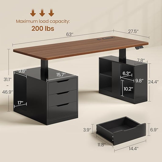 SEDETA Modern Electric Standing Desk, 63" Height Adjustable Computer Desk with 3 Drawers, Storage Shelves, Power Outlets, Wood Home Office Stand up Desk for Work, Study, Writing, Black+ Brown