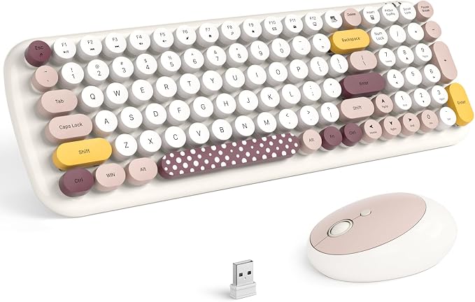 MOFII Wireless Keyboard and Mouse Combo, Full-Size Retro Typewriter-Style Wireless Keyboard with Optical Mouse for Computer/Laptop/Windows/Mac (Off White Colorful)