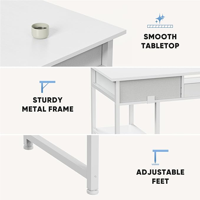 48" Small Gaming Desk with Drawers, Home Office Computer Writing Study Table with Storage Side Bag, Headphone Hook, and Adjustable Feet for Bedroom, Ivory
