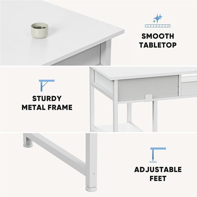 Sweetcrispy Computer Gaming Desk with Fabric Drawers - 48 Inch Home Office Bedroom Writing StudyTable with Storage Shelves Adjustable Feet PC Desk, White