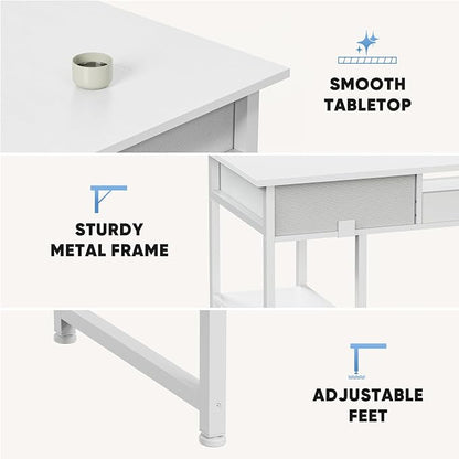 Sweetcrispy Computer Gaming Desk with Fabric Drawers - 48 Inch Home Office Bedroom Writing StudyTable with Storage Shelves Adjustable Feet PC Desk, White