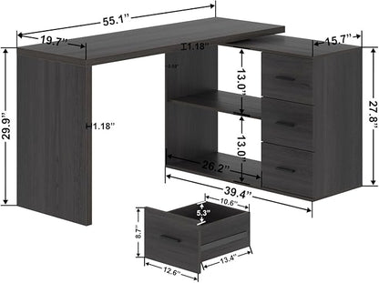 HSH L Shaped Desk with Drawers, Shape Computer Storage Cabinet Shelves, Reversible Modern Industrial Home Office Corner Desk, Rustic Wood Executive Writing Gaming Study Table, Gray 55 Inch
