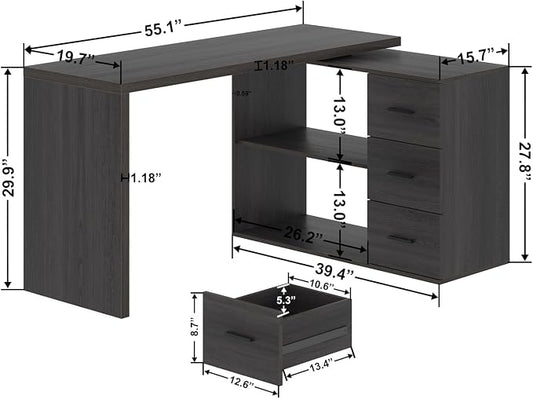 HSH L Shaped Desk with Drawers, Shape Computer Storage Cabinet Shelves, Reversible Modern Industrial Home Office Corner Desk, Rustic Wood Executive Writing Gaming Study Table, Gray 55 Inch