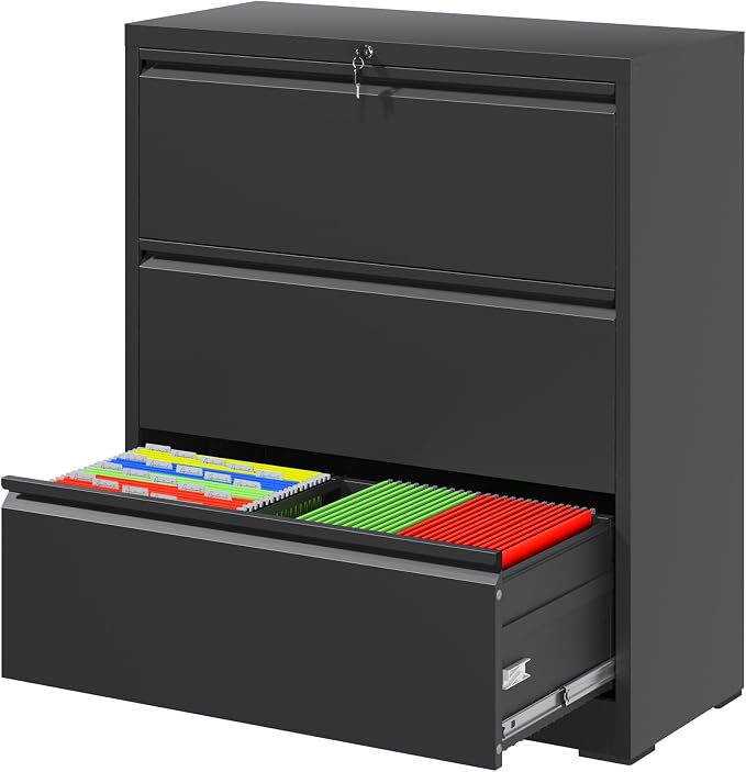 3 Drawer File Cabinet with Lock, Black Metal Lateral Filing Cabinets for Home Office, Heavy Duty Steel Horizontal Locking Storage Cabinet for Legal/Letter/A4 Size File, Assembly Required