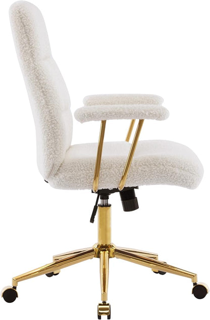 Elegant White and Gold Fuzzy Office Chair with Textured Boucle Fabric, Modern Desk Chair with Padded Seat, Height Adjustable with Durable Gold Base