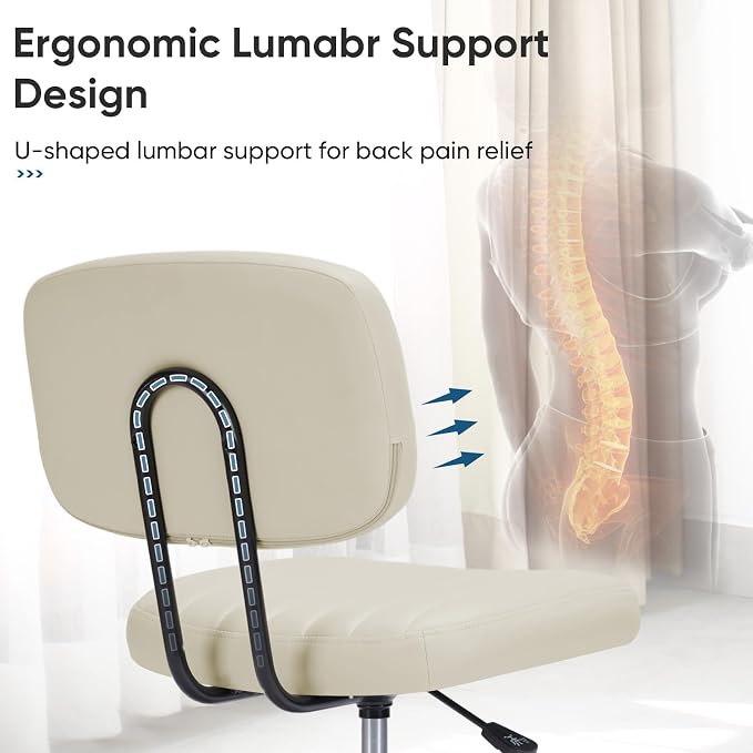 DUMOS Armless Home Office Chair: Small Desk Chair with Low Back Lumbar Support, Height Adjustable PU Leather Computer Task with 360° Swivel Wheels, for Adults, Beige