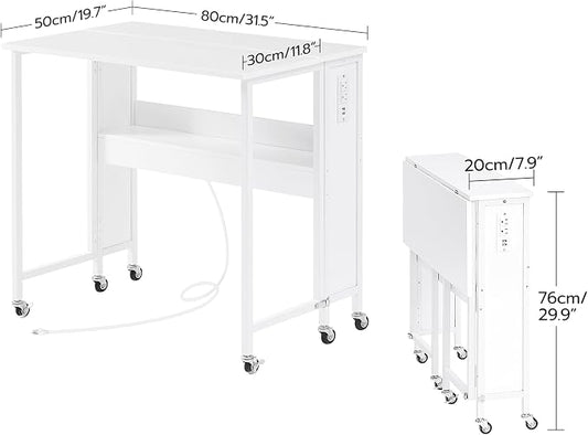 CHOEZON Folding Desk with Power Outlets, 31.5" Rolling Computer Table with Wheels, Portable Office Desk with Storage Shelf for Small Spaces White TDN01UWB