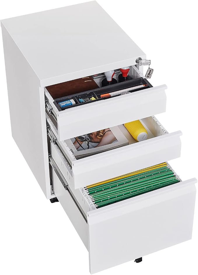 3-Drawer Mobile File Cabinets Black File Cabinet Under Desk Metal Filing Cabinet Rolling Metal Filing Cabinet for Legal and Letter Files with Anti-Tilt Design with Locking Fully Assembled (White)