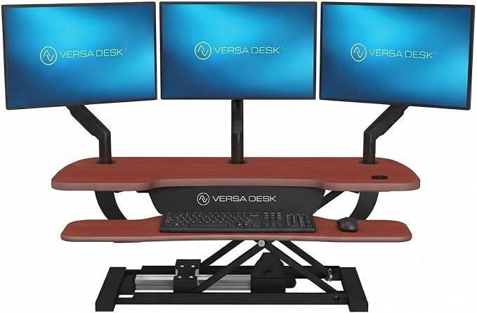 PowerPro 40 Inch Electric Standing Desk Converter – Push-Button Height Adjustable Sit to Stand Desk Riser for Triple Monitors & Laptop – Motorized Desktop Workstation with Wide Keyboard Tray