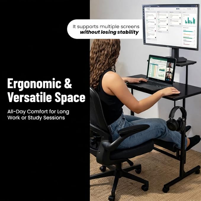 Small Rolling Desk with Wheels, Adjustable Height 27"-43.3" Portable Standing Desk, 31.5"x15.7" Tabletop, Mobile Laptop Computer Table for Home Office Workstation, Black