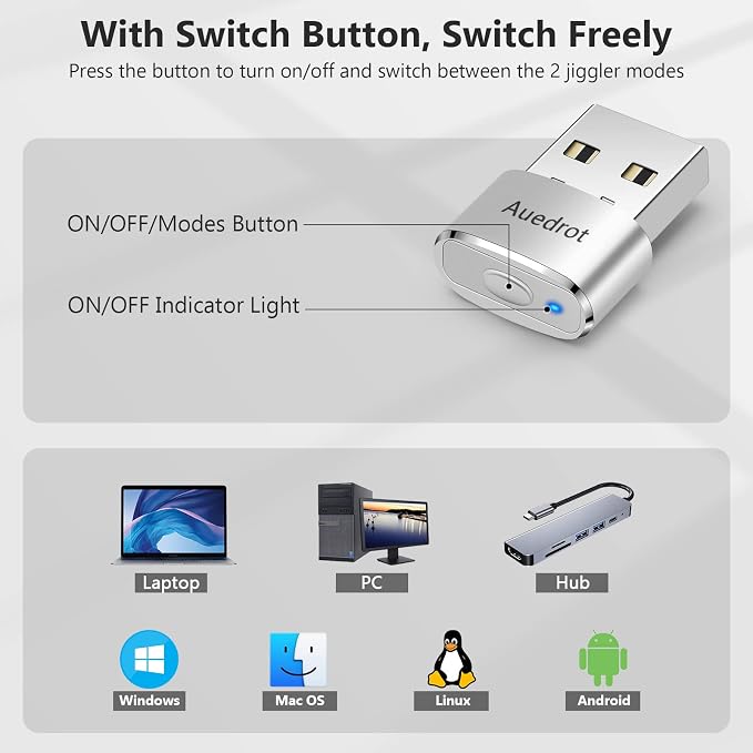 AUEDROT USB Mouse Mover - Automatic Mouse Wiggler with 2 Jiggle Modes, Switch Button, Plug & Play, Keep Computer/Laptop Awake, Silver