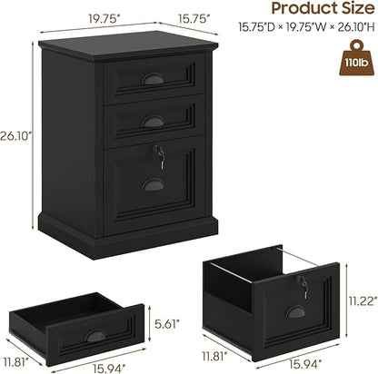 Halitaa Vertical File Cabinet, Filing Cabinet with 3 File Drawers & Lock, Farmhouse Small File Cabinet Fits Letter/A4 Size, Wooden Printer Stand, Home Office Cabinet, Black