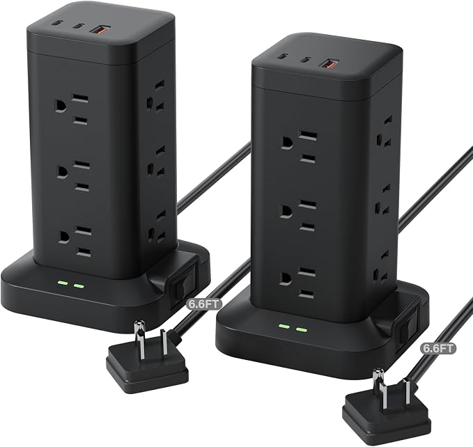 2Pack Power Strip Tower with Surge Protector 1800J, Fast Charging Tower PD20W USB-C Ports with 12 AC Outlets, 6ft Extension Cord for Home Office Dorm Room, Black