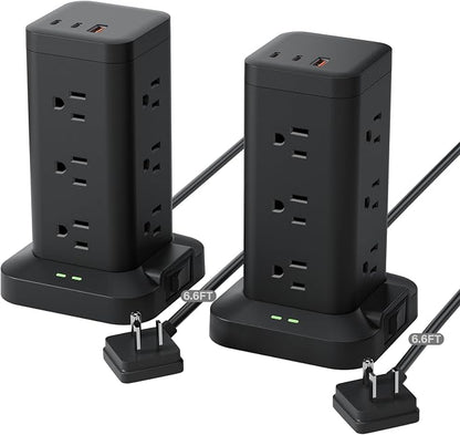 2Pack Power Strip Tower with Surge Protector 1800J, Fast Charging Tower PD20W USB-C Ports with 12 AC Outlets, 6ft Extension Cord for Home Office Dorm Room, Black