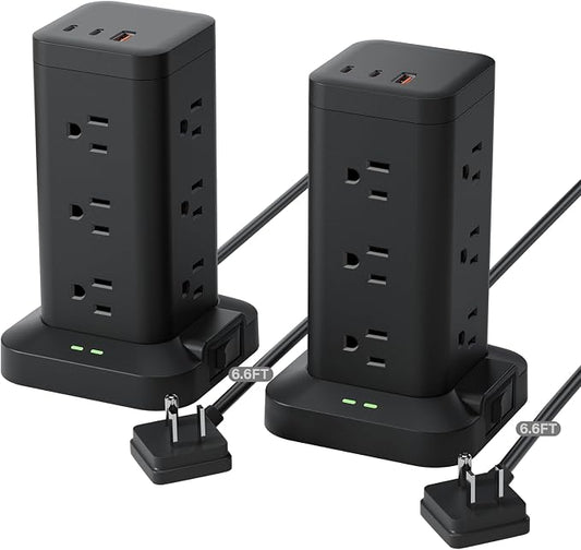 2Pack Power Strip Tower with Surge Protector 1800J, Fast Charging Tower PD20W USB-C Ports with 12 AC Outlets, 6ft Extension Cord for Home Office Dorm Room, Black