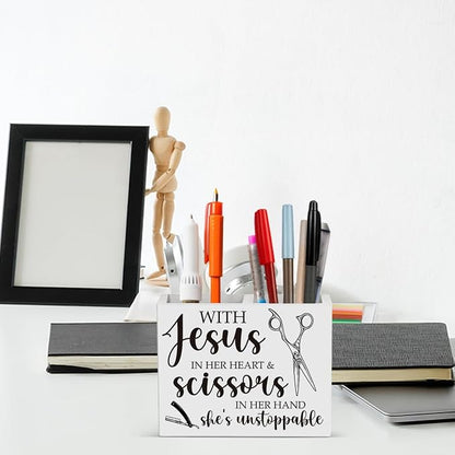 Hairstylist Gifts, Hairdresser Gift for Women Men Friend Employee Rustic with Jesus in Her Heart and Scissors in Her Hand Wooden Box Holder Home Hair Salon Barbershop Decor