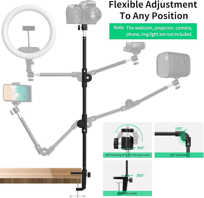 Webcam Stand Camera Desk Mount with Phone Holder & 5/8" Screw - 22" Flexible Projector Stand Gooseneck Desk Mic Stand for Logitech C922 C930e C920 C615 C960 Brio 4K, GoPro, Blue Yeti Snowball Ice