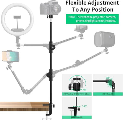 Webcam Stand Camera Desk Mount with Phone Holder & 5/8" Screw - 22" Flexible Projector Stand Gooseneck Desk Mic Stand for Logitech C922 C930e C920 C615 C960 Brio 4K, GoPro, Blue Yeti Snowball Ice