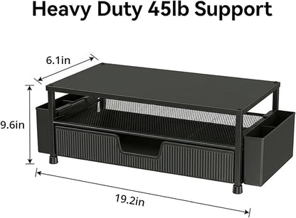 ECOLOVI Desk Organizer and Accessories, 2-Tier Computer Monitor Stand Rise with Storage Drawer & 2 Pen Holders, Laptop & Printer Stand for Desktop, Workspace Organizers for Office Supplies (Black)