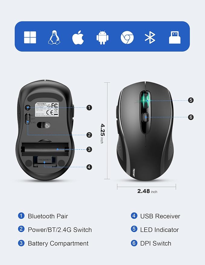 TECKNET Bluetooth Mouse (BT 5.0/3.0+2.4Ghz), 6-Level 4000 DPI Wireless Mice for Laptop, 2-in-1 Ergonomic Computer Portable PC Mouse, Silent Mouse with USB Receiver for Windows/Mac/PC/Notebook
