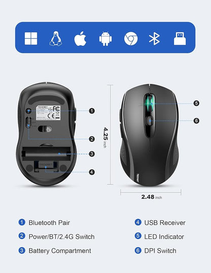 TECKNET Bluetooth Mouse (BT 5.0/3.0+2.4Ghz), 6-Level 4000 DPI Wireless Mice for Laptop, 2-in-1 Ergonomic Computer Portable PC Mouse, Silent Mouse with USB Receiver for Windows/Mac/PC/Notebook