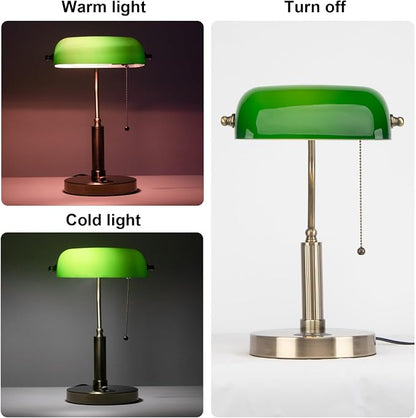 FIRVRE Glass Bankers Desk Lamp with Wireless Charger, 2 USB Charging Port, Vintage Desk Lamp with Pull Chain Switch, Retro Table Lamps for Home Office, Piano, Library (Bulb Included)