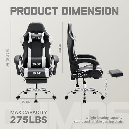 DUMOS Ergonomic Gaming Office Desk Chair with Footrest and Headrest, PU Leather Video Computer Chair with Linkage Armrests, Height Adjustable 360° Swivel Recling, Black White