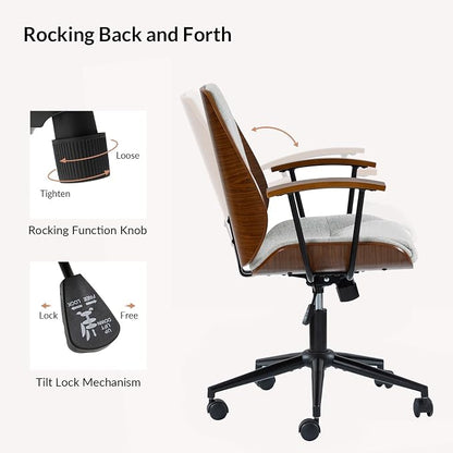 Modern Ergonomic Office Chair with Wood Frame & Metal Base, Swivel Home Office Desk Chairs with Adjustable Height, Comfy Upholstered Computer Chair, Grey
