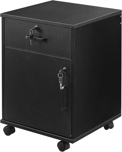 OFCASA 2 Drawer File Cabinet with Lock, Small Rolling Filing Cabinets for Home Office, Wood Under Desk File Cabinet with Wheels, Mobile Storage Organizer, Printer Stand for Letter/Legal, Black