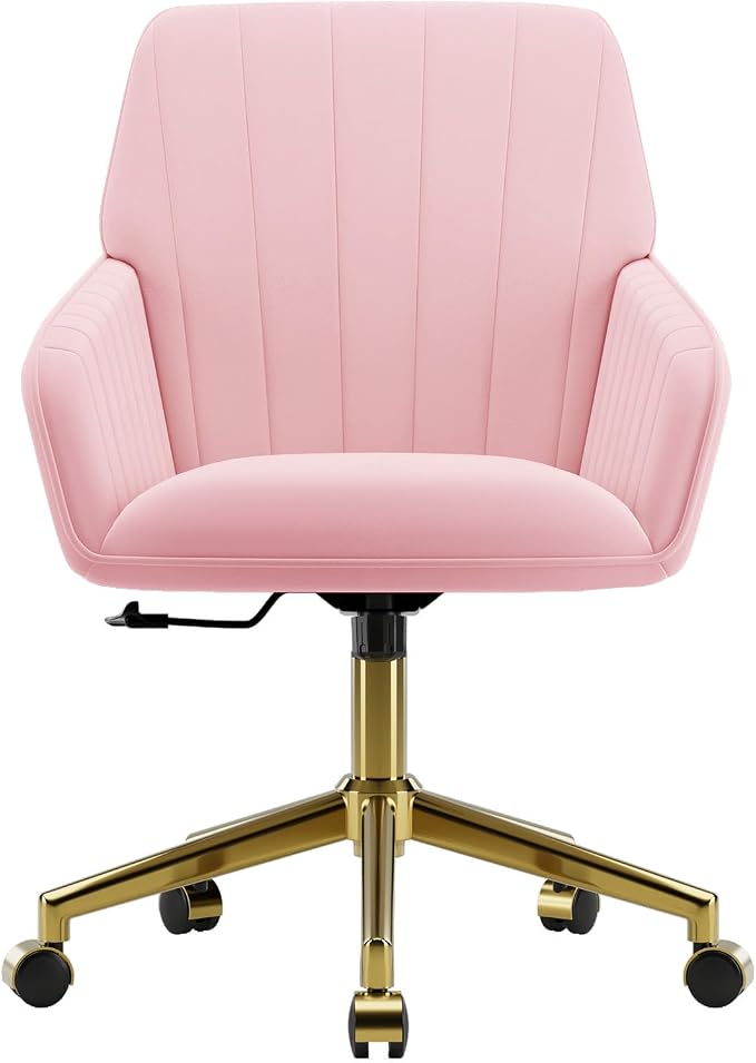 YITAI Velvet Office Desk Armchairs with Gold Base and Wheels,Modern Height Adjustable 360 Degree Swivel Upholstered Vanity Chairs for Living/Room Bedroom/Study,Pink