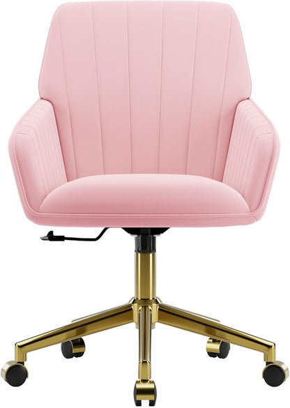 YITAI Velvet Office Desk Armchairs with Gold Base and Wheels,Modern Height Adjustable 360 Degree Swivel Upholstered Vanity Chairs for Living/Room Bedroom/Study,Pink