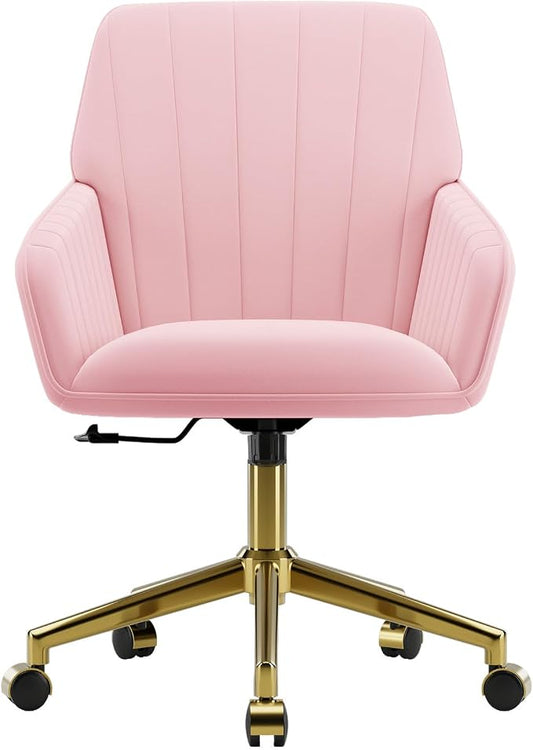 YITAI Velvet Office Desk Armchairs with Gold Base and Wheels,Modern Height Adjustable 360 Degree Swivel Upholstered Vanity Chairs for Living/Room Bedroom/Study,Pink