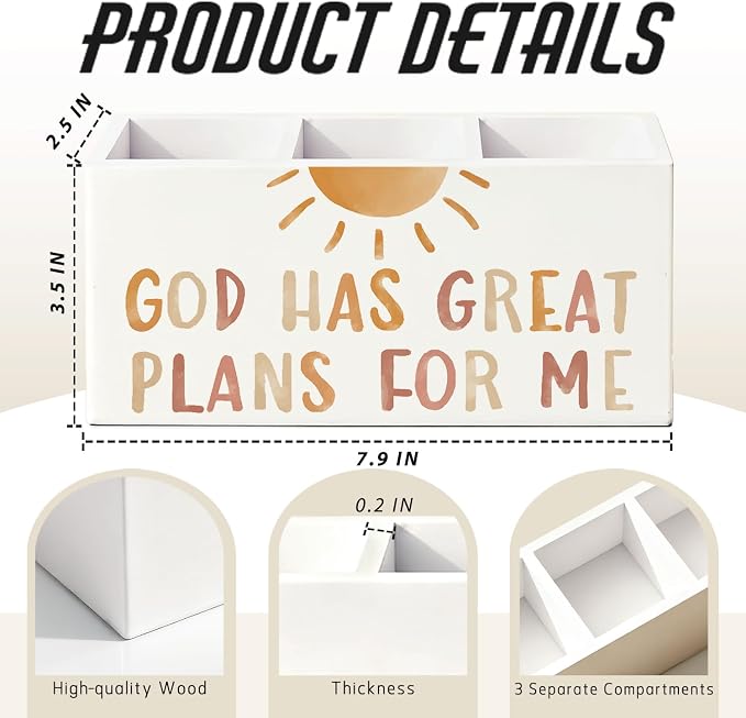 Boho Christian Kids Pen Pencil Holder for Desk, Boho Classroom Decor, God Has Great Plans for Me Bible Verse Wooden Box Sign Decorations for Kids Room Bedroom Playroom Desk Tabletop