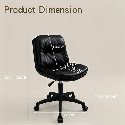 Small Office Desk Chair, PU Leather Armless Swivel Chair with Lumbar Pillow, Height Adjustable Task Chair for Small Spaces, Bedroom & Vanity Black