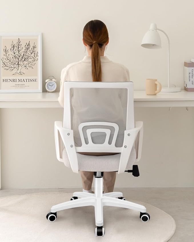 NEO CHAIR Office Desk Computer Chair Ergonomic Mesh Gaming Cushion Seat with Comfy Lumbar Mid Back Support Adjustable Height Swivel Rolling Wheels for Home Task (Ivory)