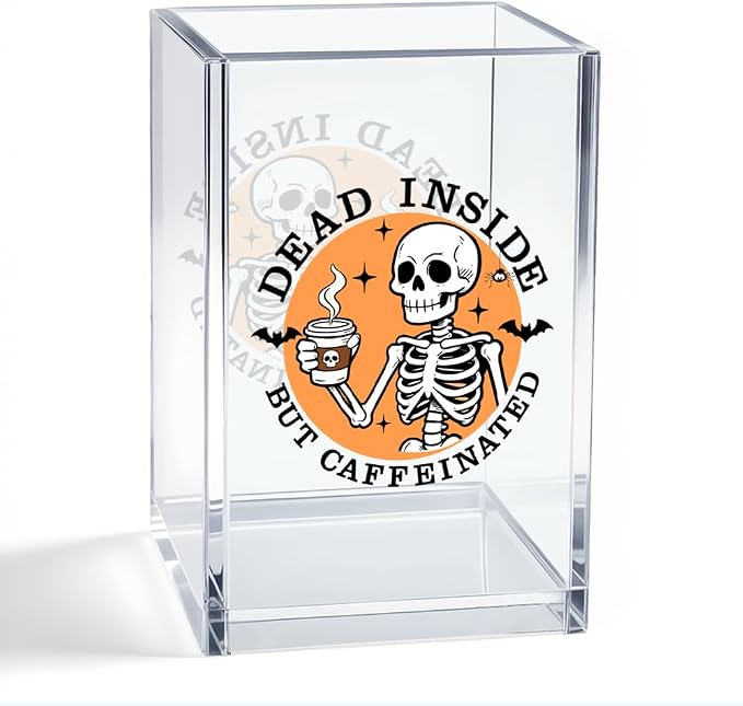 Dead Inside But Caffeinated Acrylic Pen Holder, Funny Skeleton Coffee Pencil Cup Desk Organizer, Coffee Lover Gifts for Women Men Friend Coworker Student Teacher, Gothic Office Desk Decor