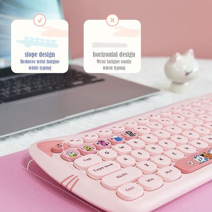 Cute Cat 2.4G USB Wireless Keyboard and Mouse Combo, Silent Keys, Candy Colors, Compatible with Notebook, PC (Pink-110Keys)