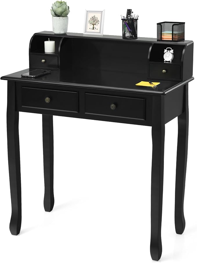 Giantex Writing Desk with 4 Drawers, Removable Floating Organizer 2-Tier Mission Home Computer Vanity Desk for Apartment Small Space (Black)