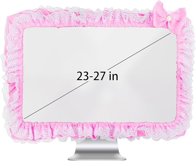 Cute Pink Lace 23"-27" Computer Monitor Screen Dust Cover with Bowknot | Lovely Pink Bow | Lace Trim | Adjustable Elastic Band
