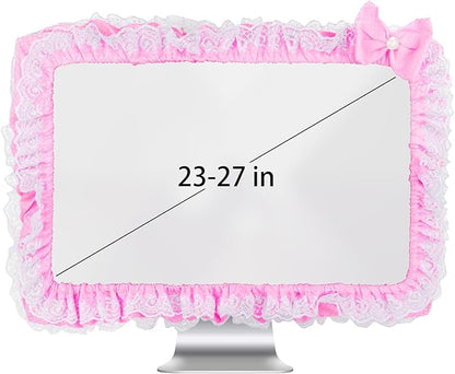 Cute Pink Lace 23"-27" Computer Monitor Screen Dust Cover with Bowknot | Lovely Pink Bow | Lace Trim | Adjustable Elastic Band