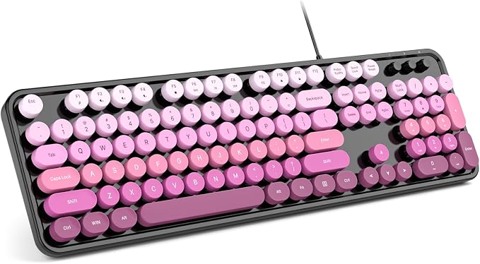 MOWUX Computer Keyboard Wired, Plug and Play USB Retro Round Typewriter Keyboard, Full Size Wired Keyboard with Foldable Stands for Laptop and Office PC- Black Pink Gradient